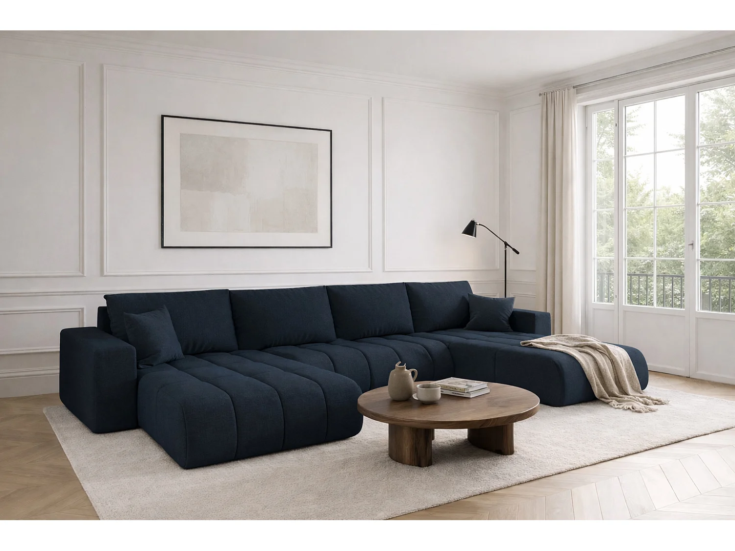 Narożnik z funkcją spania i pojemnikiem MILO U PREMIUM, tkanina Wind, Ciemnoniebieski