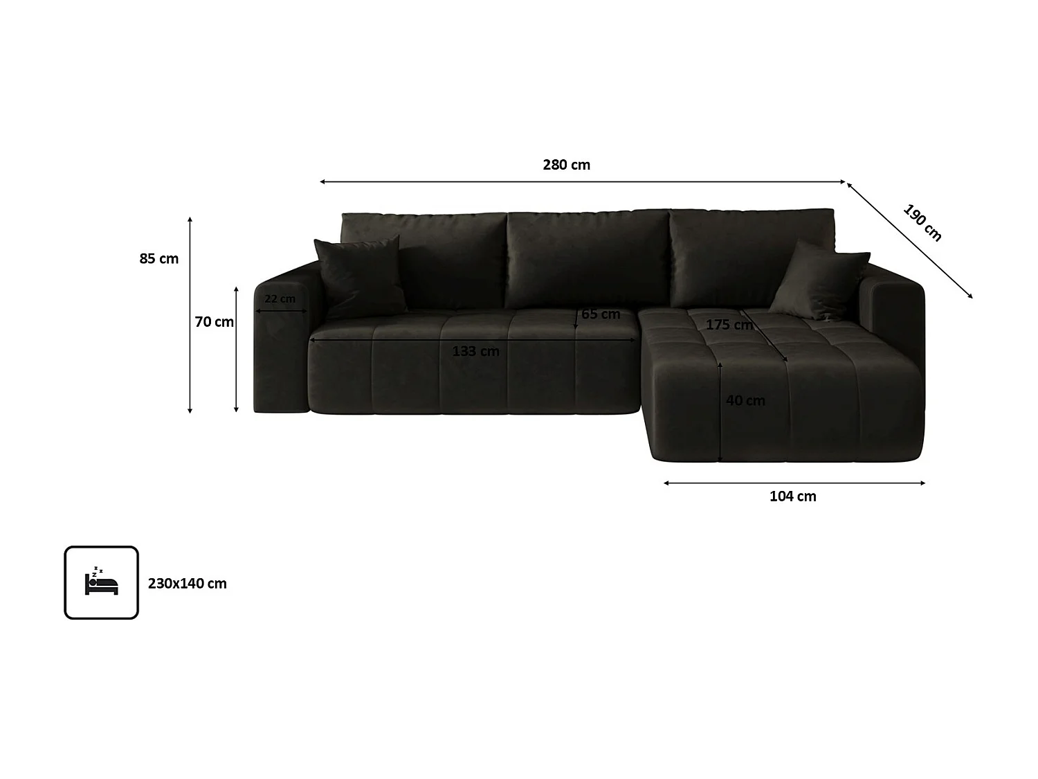 Ecksofa mit schlaffunktion und bettkasten MILO, stoff MONOLITH, Dunkelgrau, Rechts
