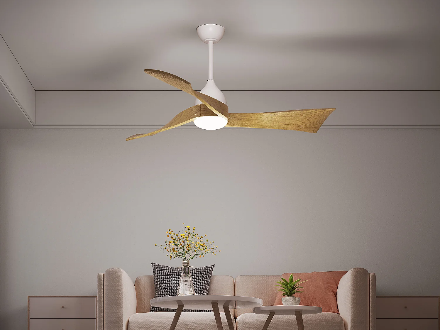 Ventilateur de plafond lumineux - L.132 cm - Bois de pauwlonia naturel clair - ELVARA