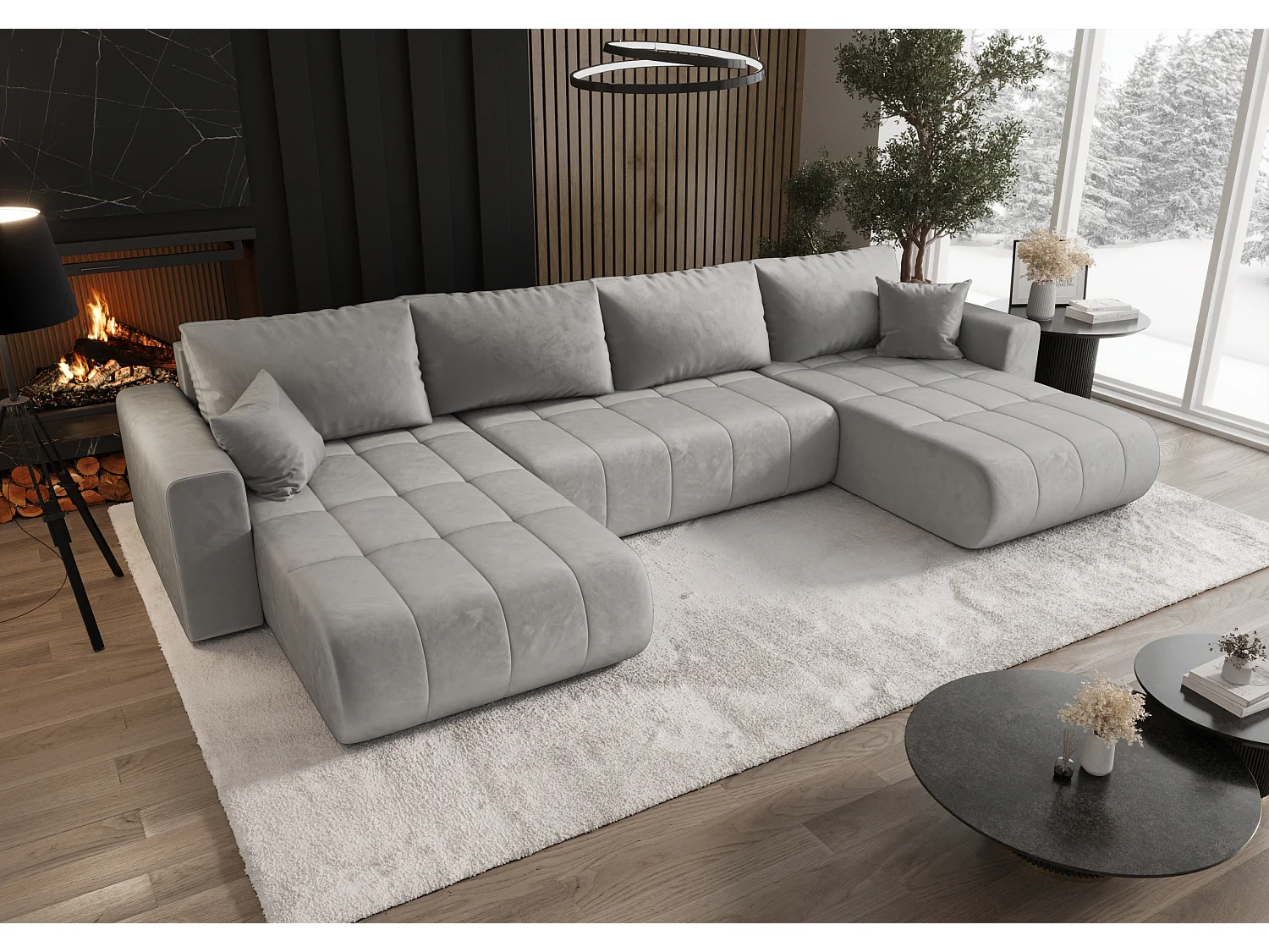 Canapé d'angle convertible avec coffre de rangement MILO U, tissu MONOLITH, gris clair