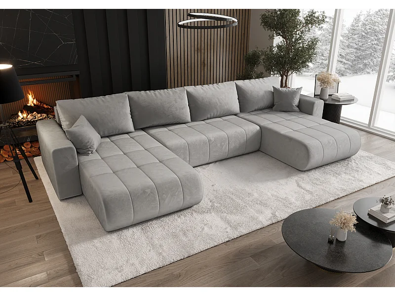 Canapé d'angle convertible avec coffre de rangement MILO U, tissu MONOLITH, gris clair