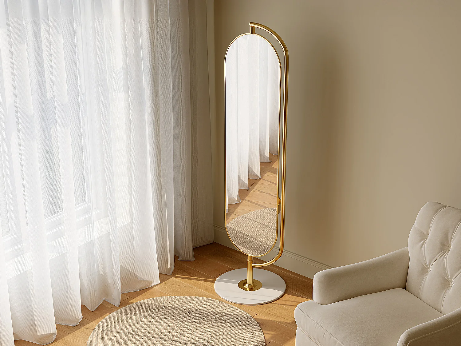 Miroir sur pied avec rangements et patères en métal - L. 45 x H. 172 cm - Doré - TOMONO