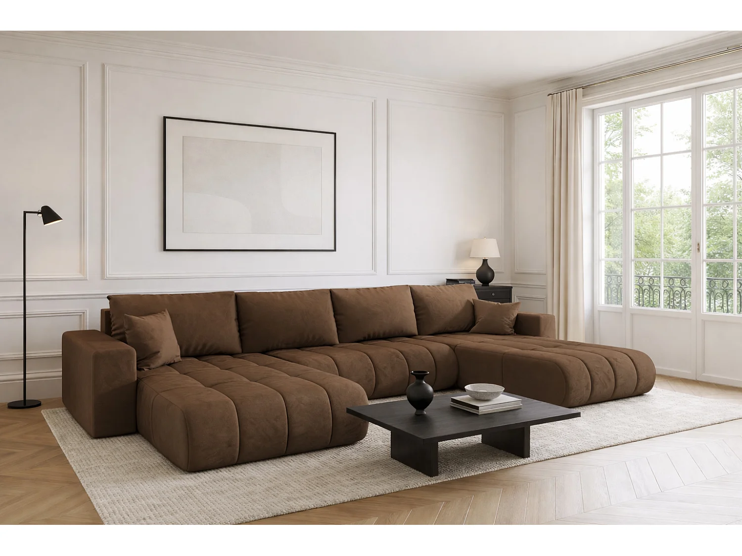 Narożnik z funkcją spania i pojemnikiem MILO U PREMIUM, tkanina Monolith, Jasnobrązowy