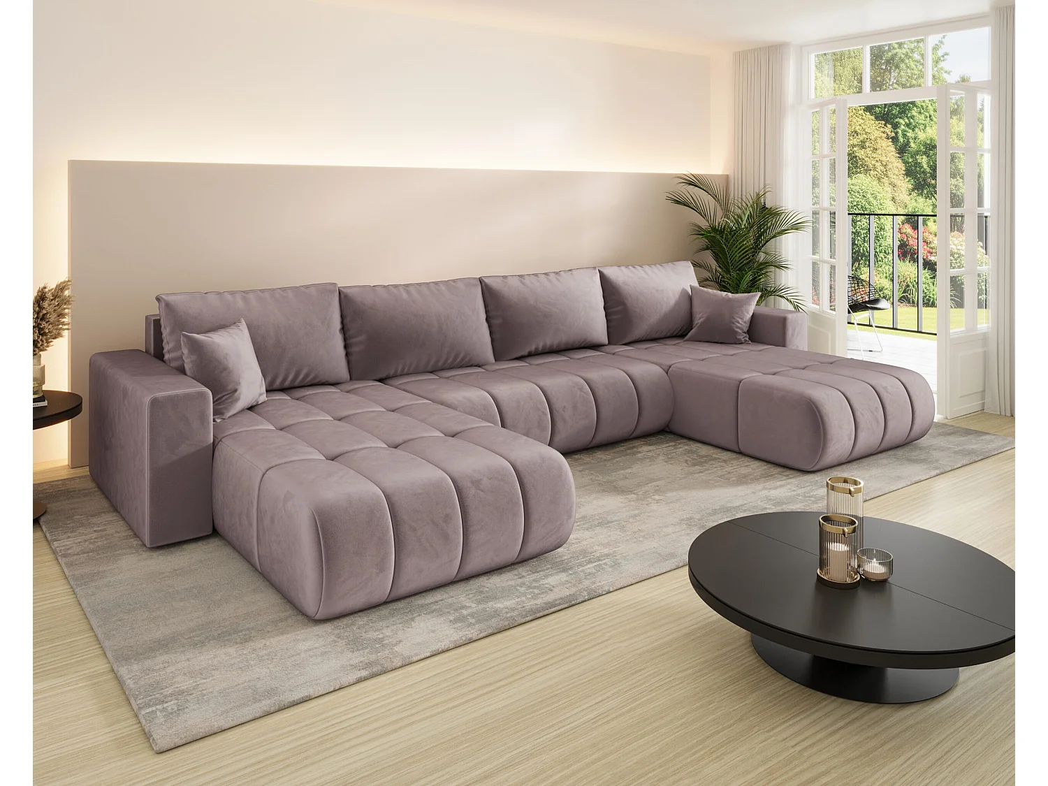 Canapé d'angle convertible avec compartiment de rangement MILO U PREMIUM, tissu MONOLITH, violet
