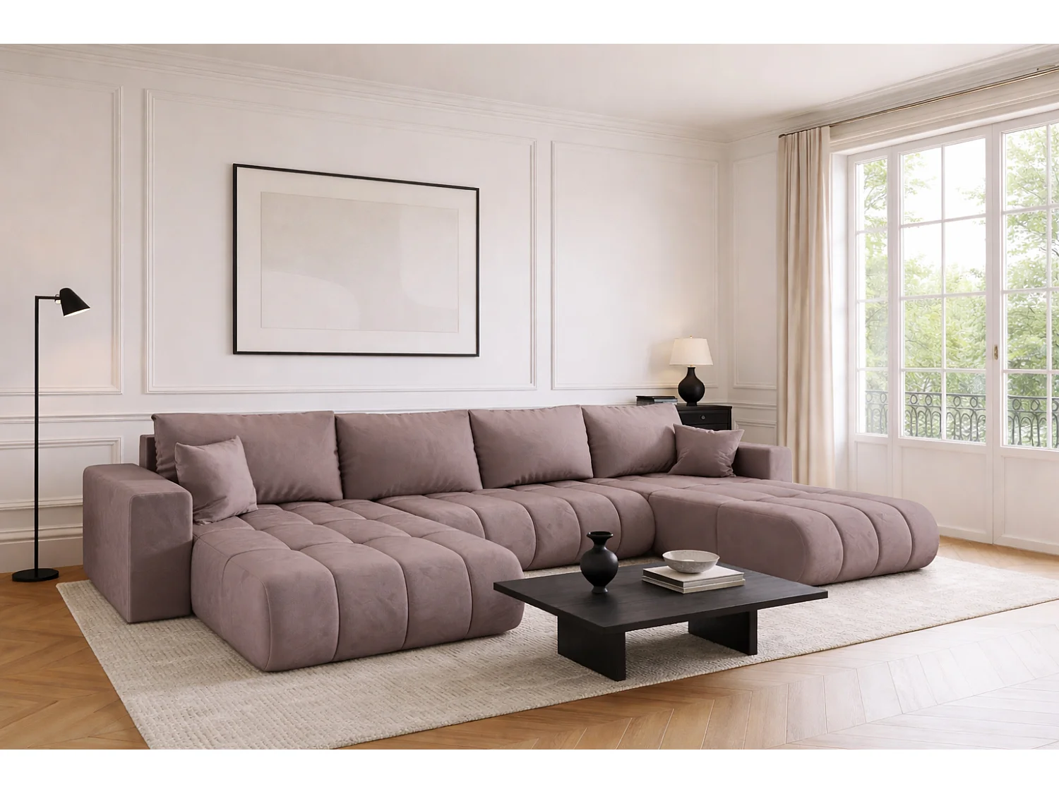 Narożnik z funkcją spania i pojemnikiem MILO U PREMIUM, tkanina Monolith, Fioletowy