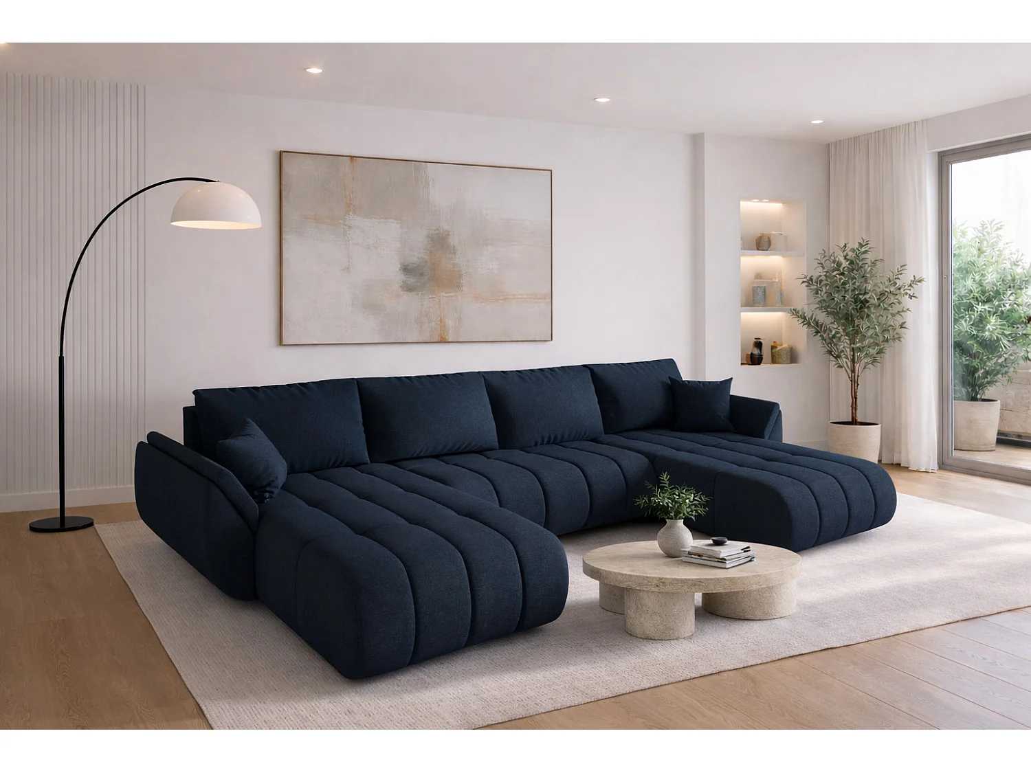 Narożnik z funkcją spania i pojemnikiem TOKYO U PREMIUM, tkanina Wind, Ciemnoniebieski