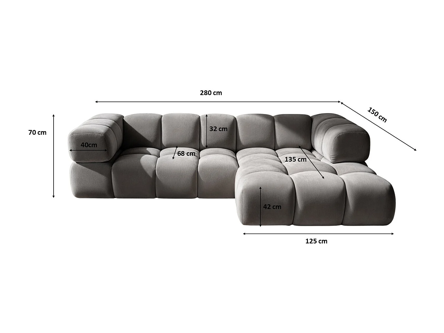 Divano angolare a L Averro, tessuto Bluvel, grigio cenere, destro