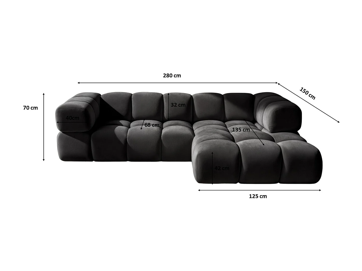 Divano angolare a L Averro, tessuto Bluvel, nero, lato destro