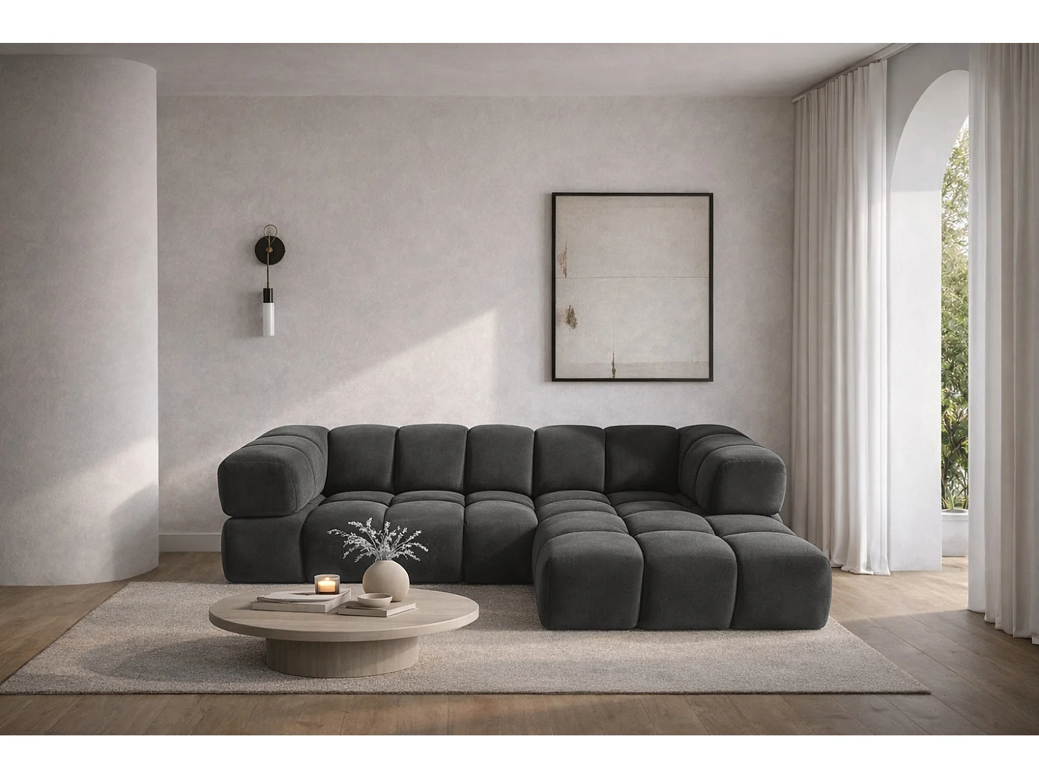 Canapé d'angle en L Averro, tissu Bluvel, noir, côté droit