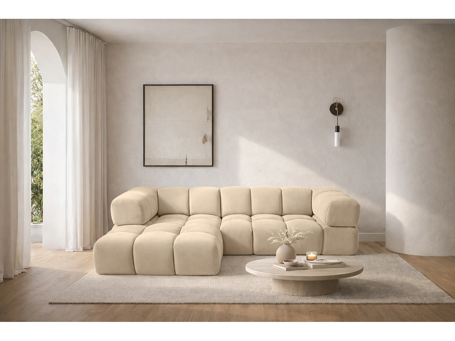 Canapé d'angle en L Averro, tissu Bluvel, crème, à gauche