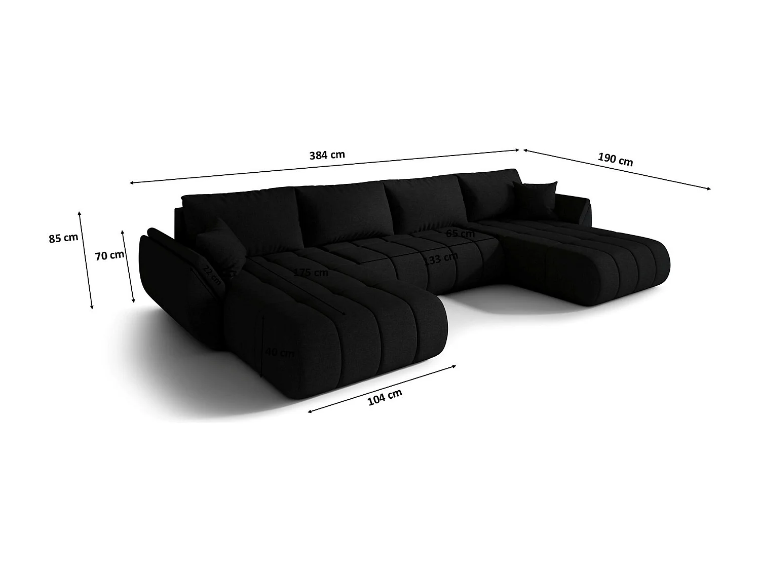 Canapé d'angle convertible avec compartiment de rangement TOKYO U PREMIUM, tissu WIND, noir