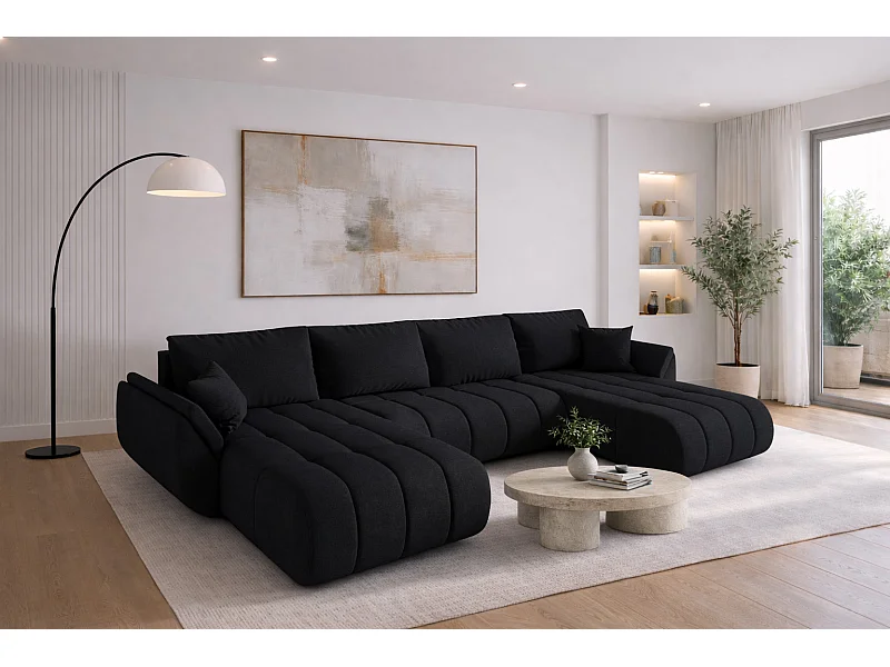 Divano angolare con funzione letto e vano contenitore TOKYO U PREMIUM, tessuto WIND, nero