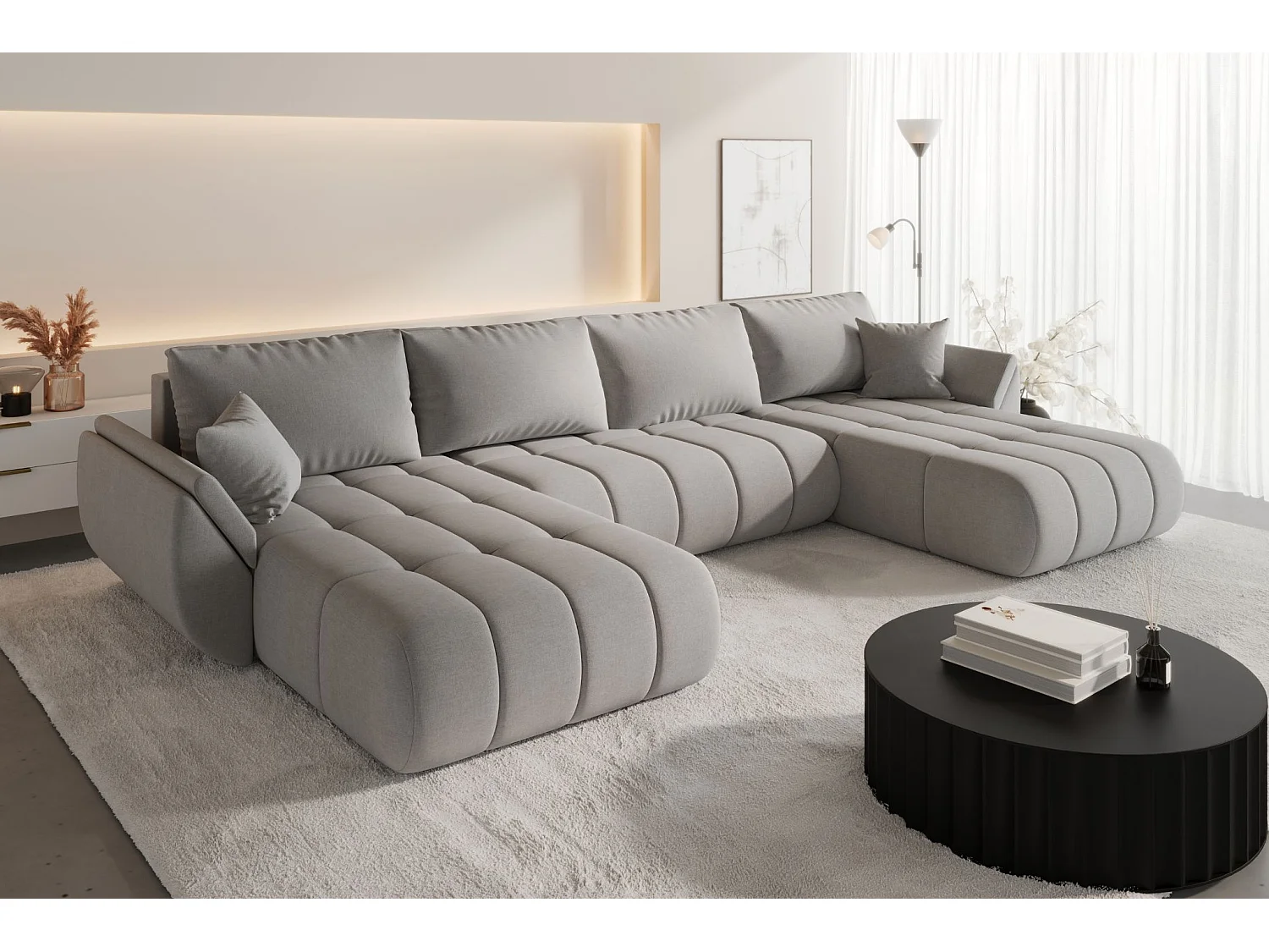Ecksofa mit schlaffunktion und bettkasten TOKYO U PREMIUM, stoff WIND, Sandgrau