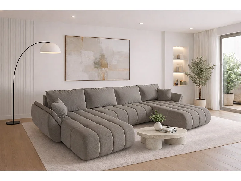 Ecksofa mit schlaffunktion und bettkasten TOKYO U PREMIUM, stoff WIND, Sandgrau