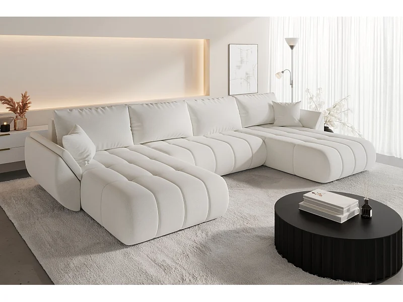 Canapé d'angle convertible avec compartiment de rangement TOKYO U PREMIUM, tissu WIND, écru