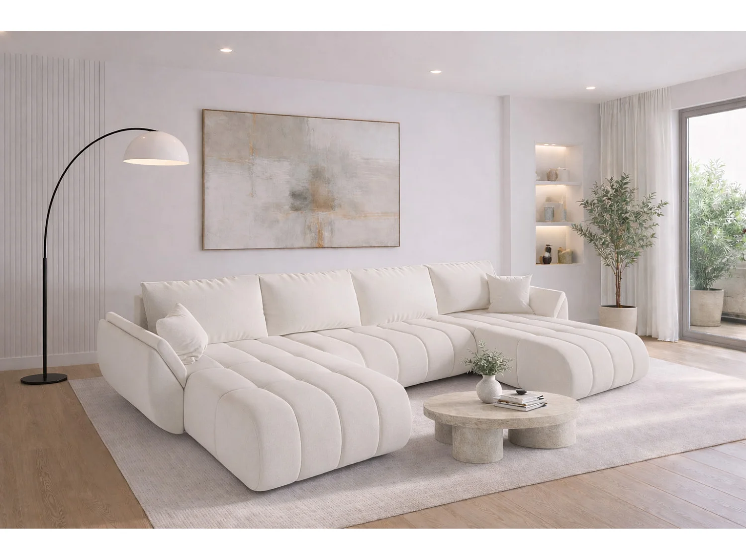 Narożnik z funkcją spania i pojemnikiem TOKYO U PREMIUM, tkanina Wind, Ecru