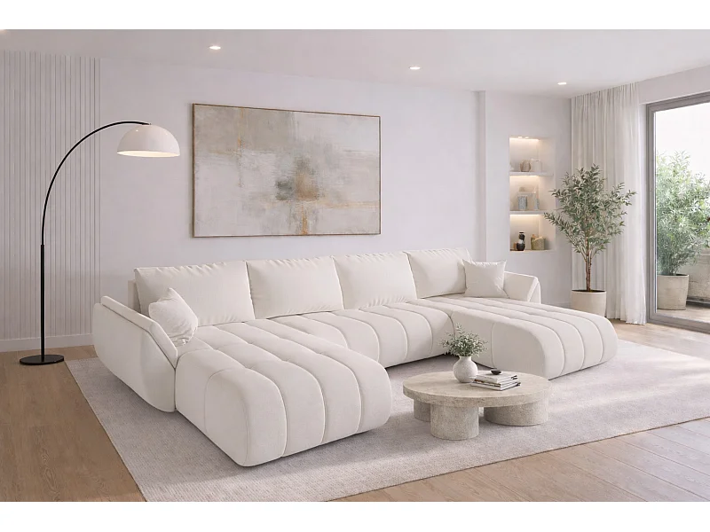 Divano angolare con funzione letto e vano contenitore TOKYO U PREMIUM, tessuto WIND, ecrù