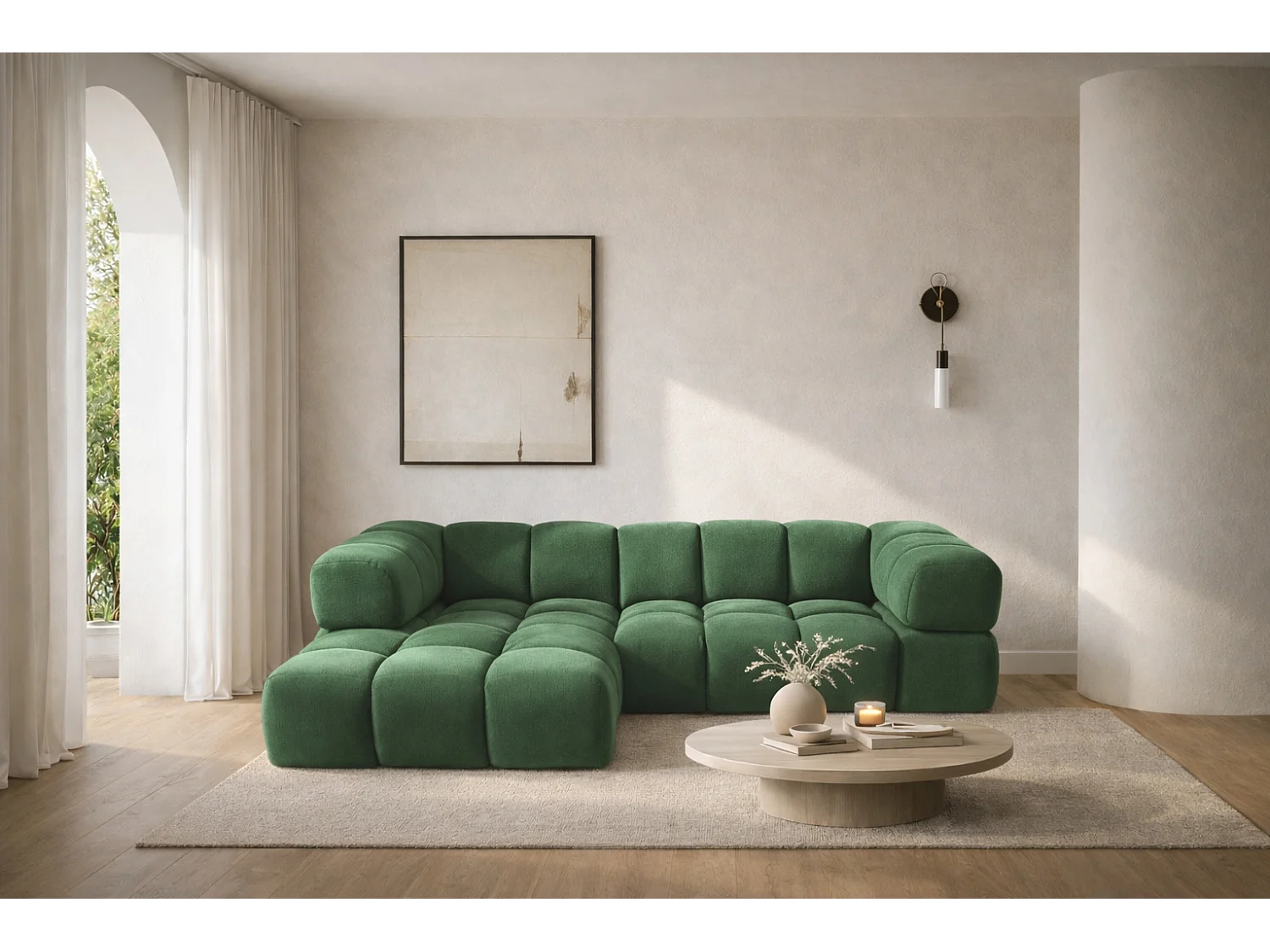 Canapé d'angle en L Averro, tissu Bluvel, vert, à gauche