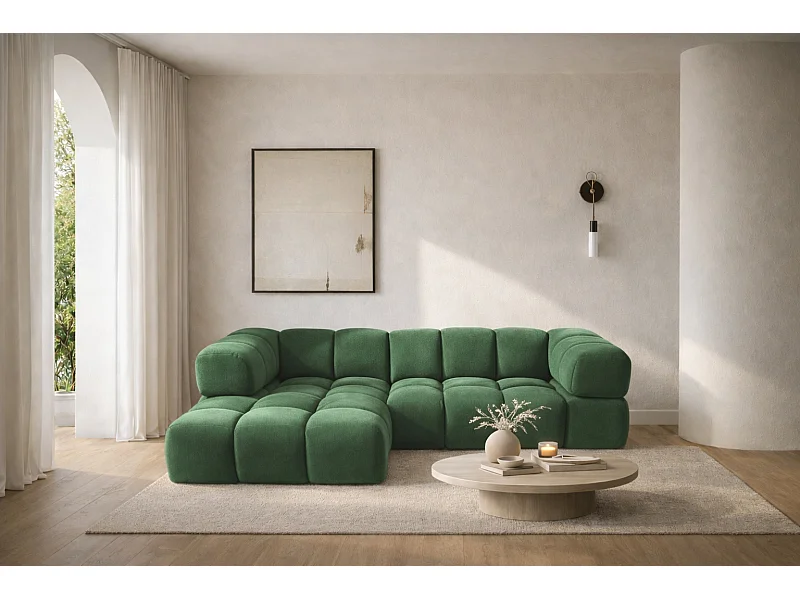 Canapé d'angle en L Averro, tissu Bluvel, vert, à gauche