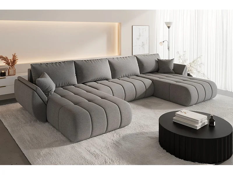 Divano angolare con funzione letto e vano contenitore TOKYO U PREMIUM, tessuto WIND, marrone-grigio