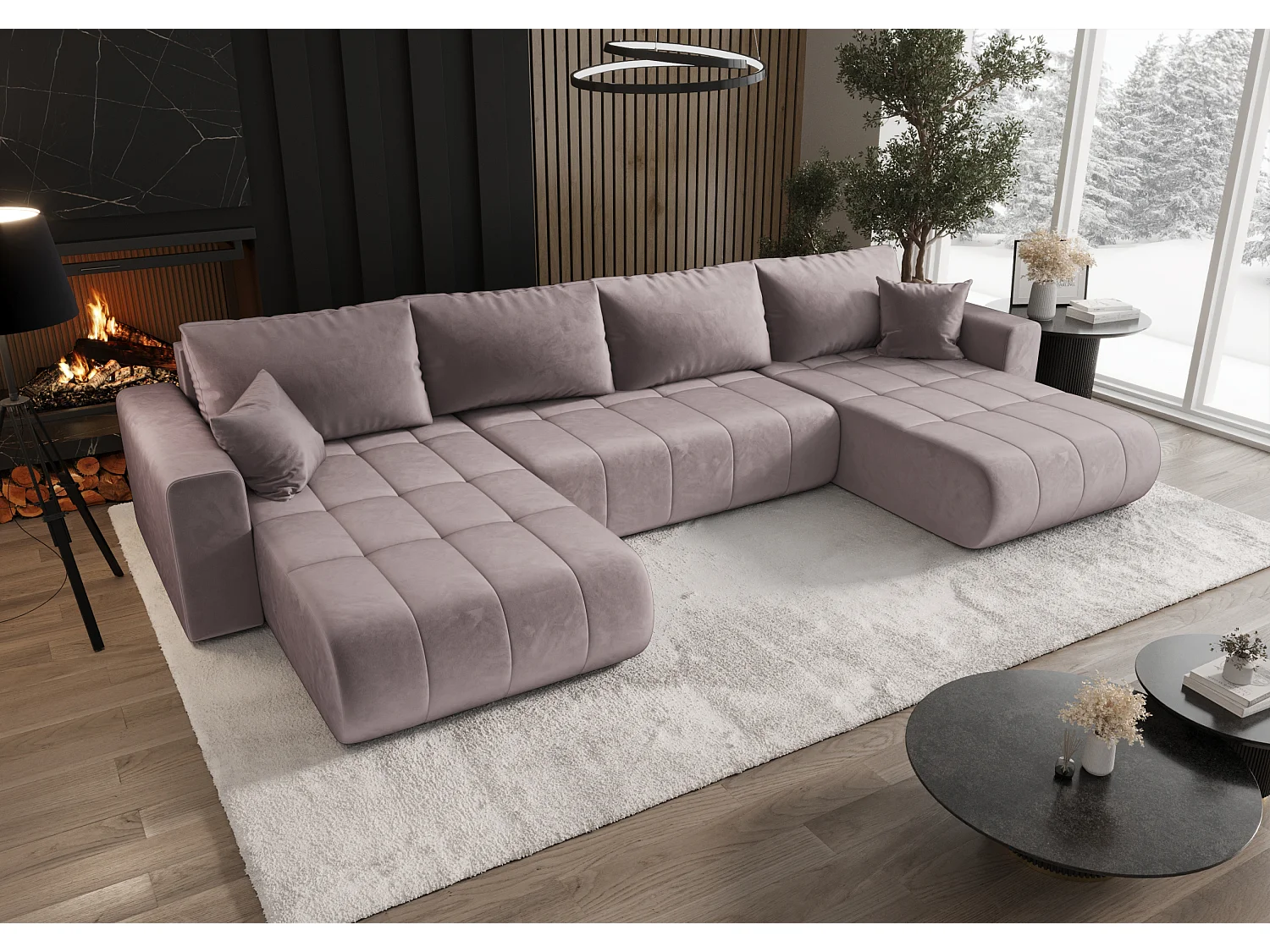Canapé d'angle convertible avec coffre de rangement MILO U, tissu MONOLITH, violet