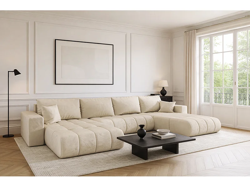 Ecksofa mit schlaffunktion und bettkasten MILO U PREMIUM, stoff MONOLITH, Ecru