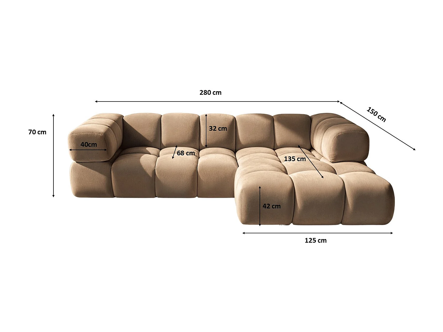 Canapé d'angle en L Averro, tissu Bluvel, Latte, à droite