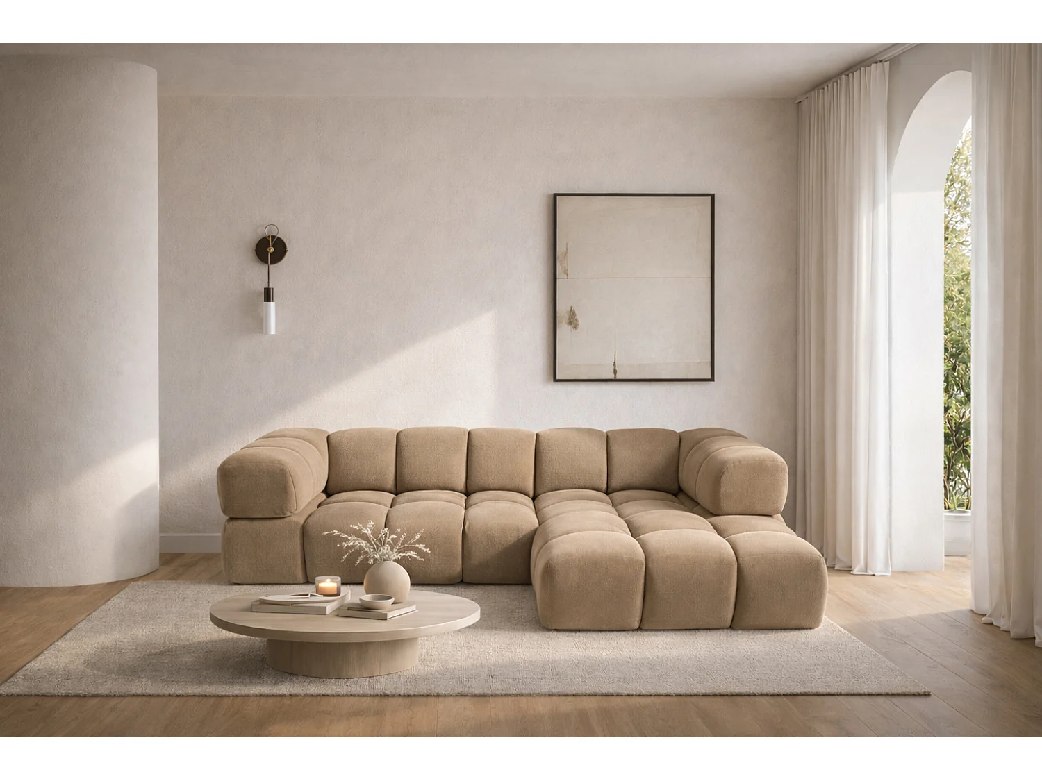 Canapé d'angle en L Averro, tissu Bluvel, Latte, à droite