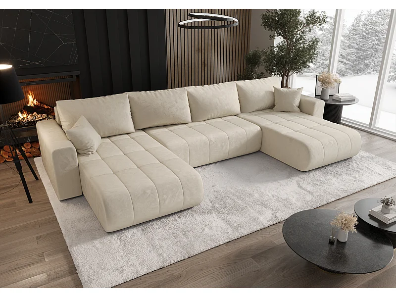 Canapé d'angle convertible avec coffre de rangement MILO U,, tissu MONOLITH, écru