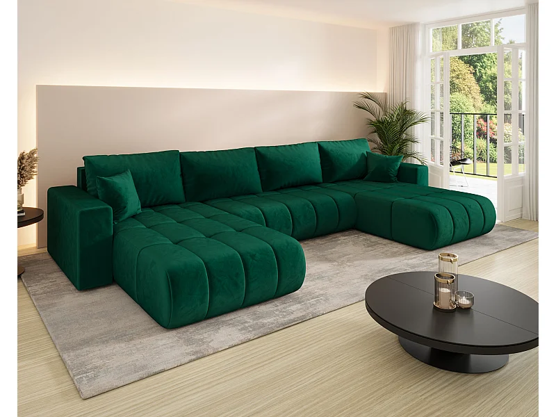 Canapé d'angle convertible avec compartiment de rangement MILO U PREMIUM, tissu MONOLITH, vert