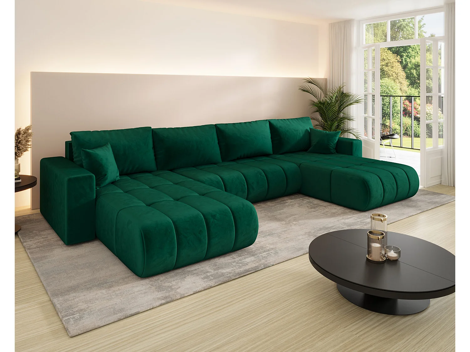 Canapé d'angle convertible avec compartiment de rangement MILO U PREMIUM, tissu MONOLITH, vert