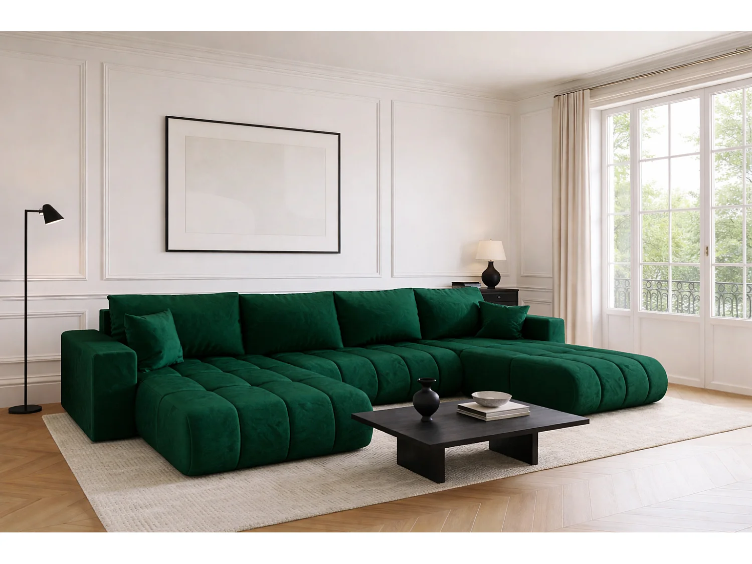 Narożnik z funkcją spania i pojemnikiem MILO U PREMIUM, tkanina Monolith, Zielony