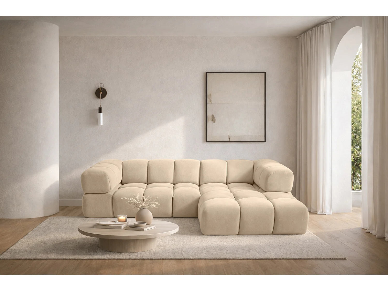 Canapé d'angle en L Averro, tissu Bluvel, crème, côté droit