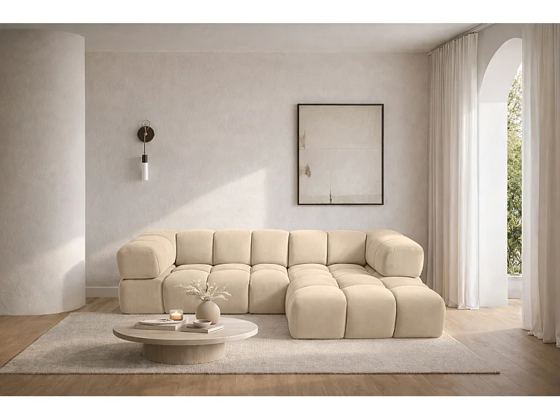 Canapé d'angle en L Averro, tissu Bluvel, crème, côté droit