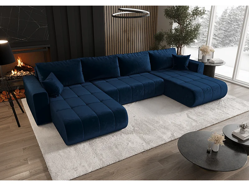 Canapé d'angle convertible avec coffre de rangement MILO U, tissu MONOLITH, bleu foncé