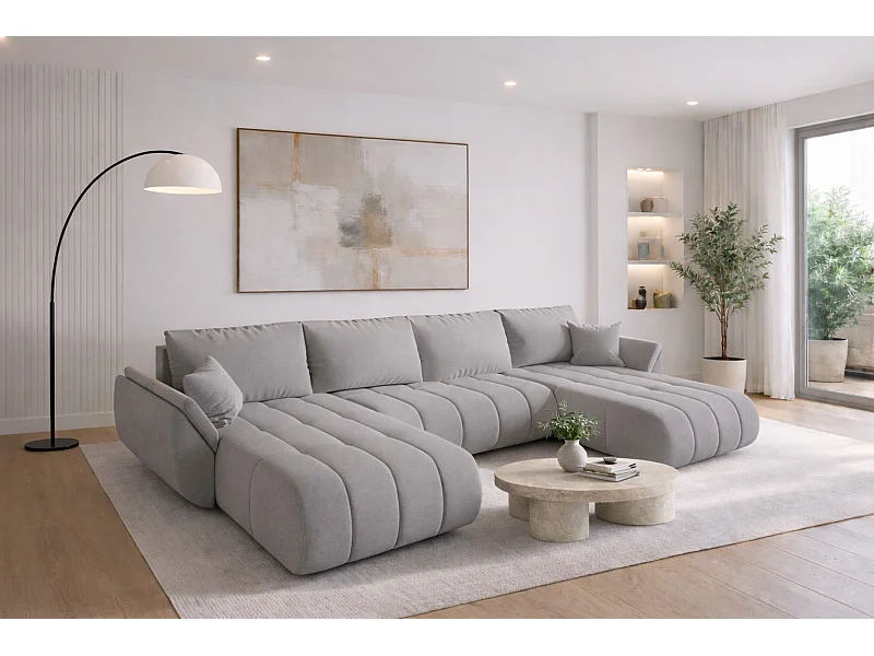 Divano angolare con funzione letto e vano contenitore TOKYO U PREMIUM, tessuto WIND, grigio