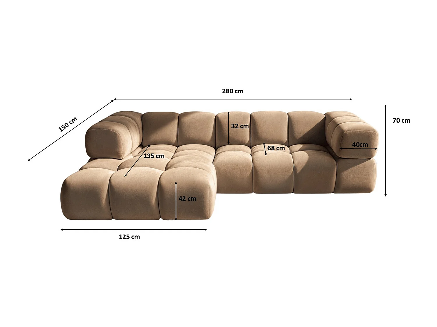 Canapé d'angle en L Averro, tissu Bluvel, Latte, à gauche