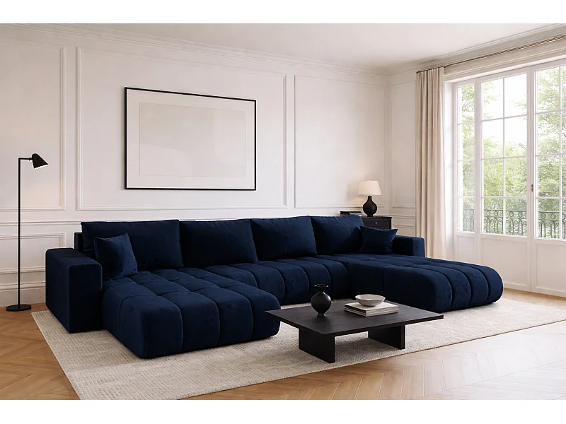 Canapé d'angle convertible avec compartiment de rangement MILO U PREMIUM, tissu MONOLITH, bleu foncé