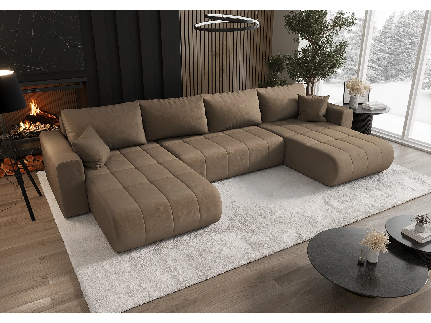 Canapé d'angle convertible avec coffre de rangement MILO U, tissu MONOLITH, marron clair