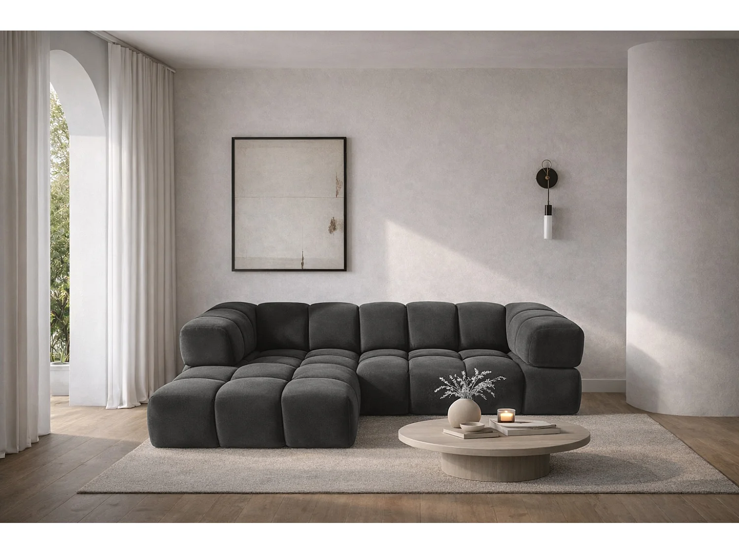 Canapé d'angle en L Averro, tissu Bluvel, noir, côté gauche