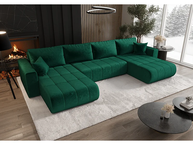 Canapé d'angle convertible avec coffre de rangement MILO U, tissu MONOLITH, vert