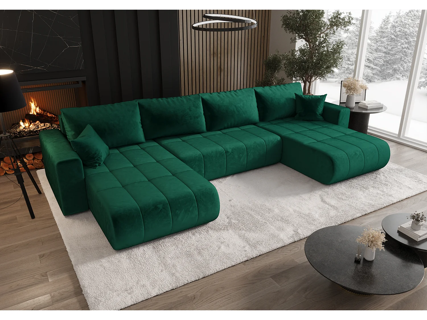 Canapé d'angle convertible avec coffre de rangement MILO U, tissu MONOLITH, vert