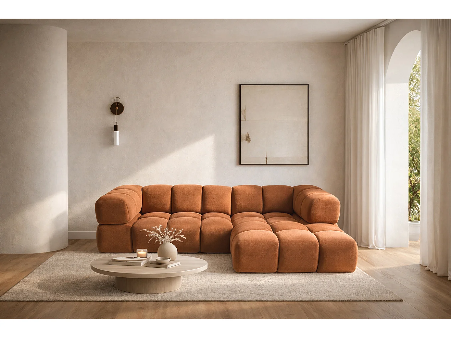 Canapé d'angle en L Averro, tissu Bluvel, couleur cannelle, à droite