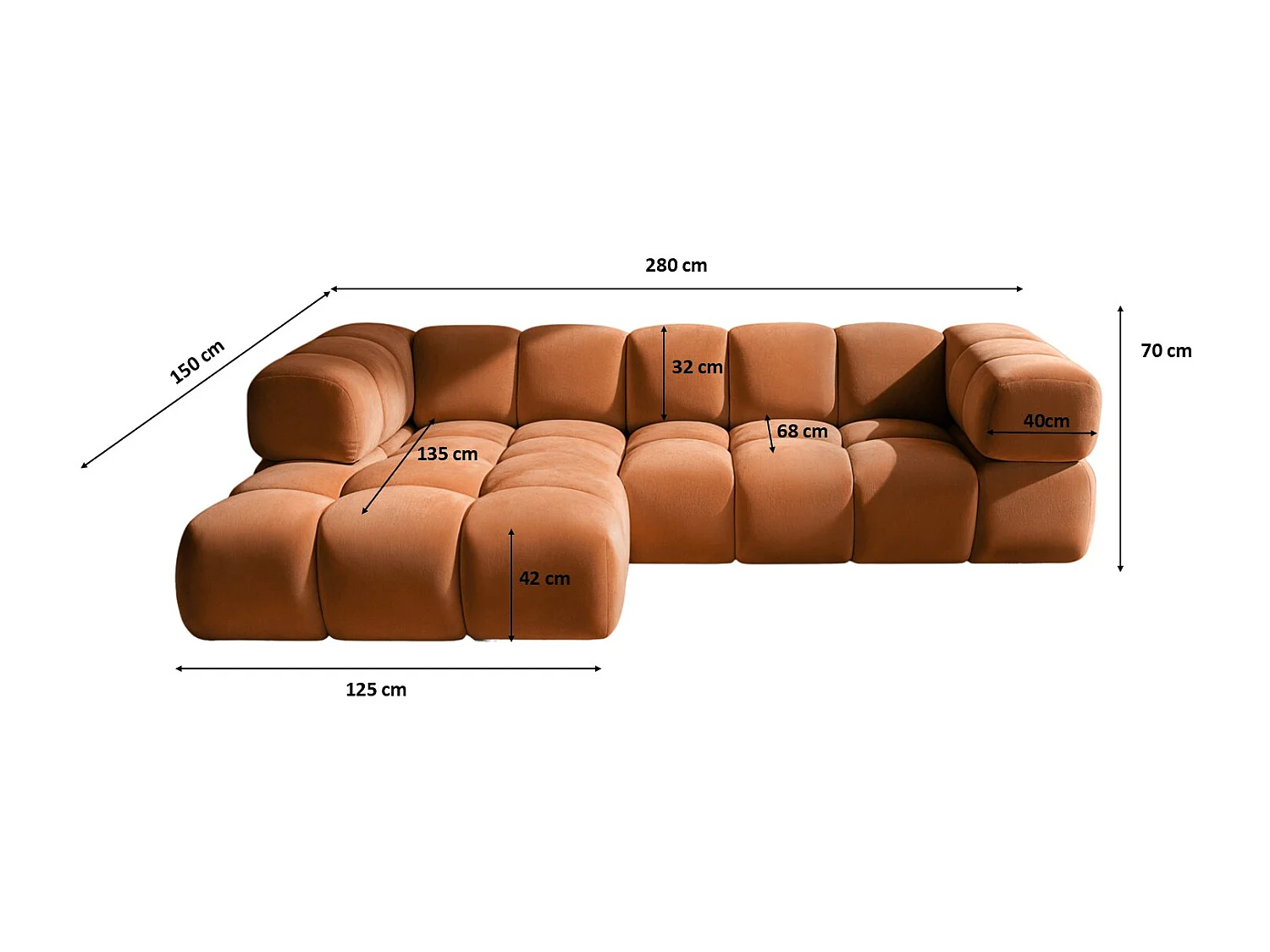Divano angolare a L Averro, tessuto Bluvel, colore cannella, sinistro