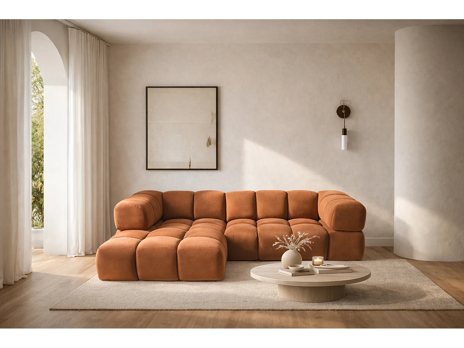 Canapé d'angle en L Averro, tissu Bluvel, couleur cannelle, à gauche