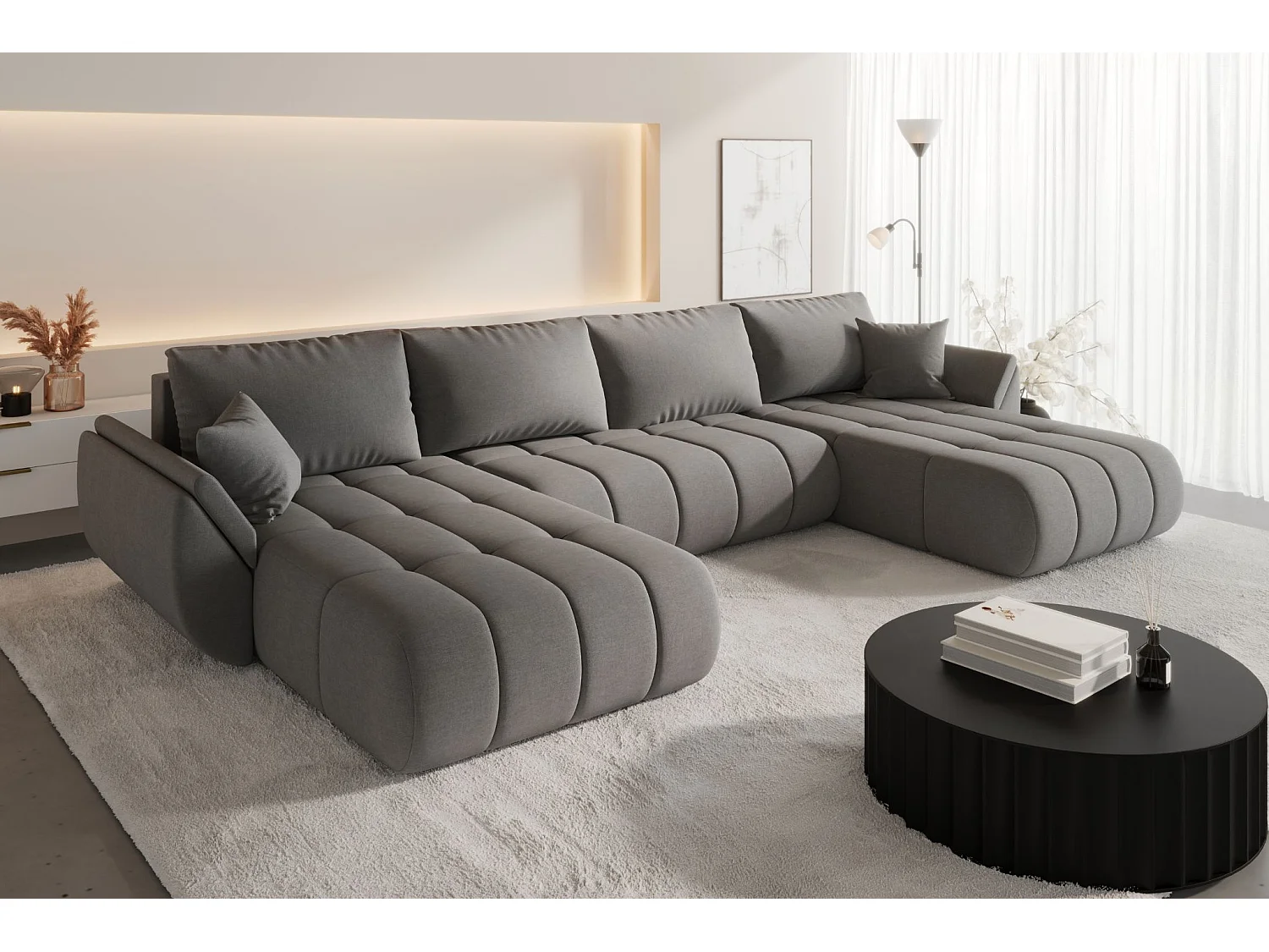 Canapé d'angle convertible avec compartiment de rangement TOKYO U PREMIUM, tissu WIND, acier