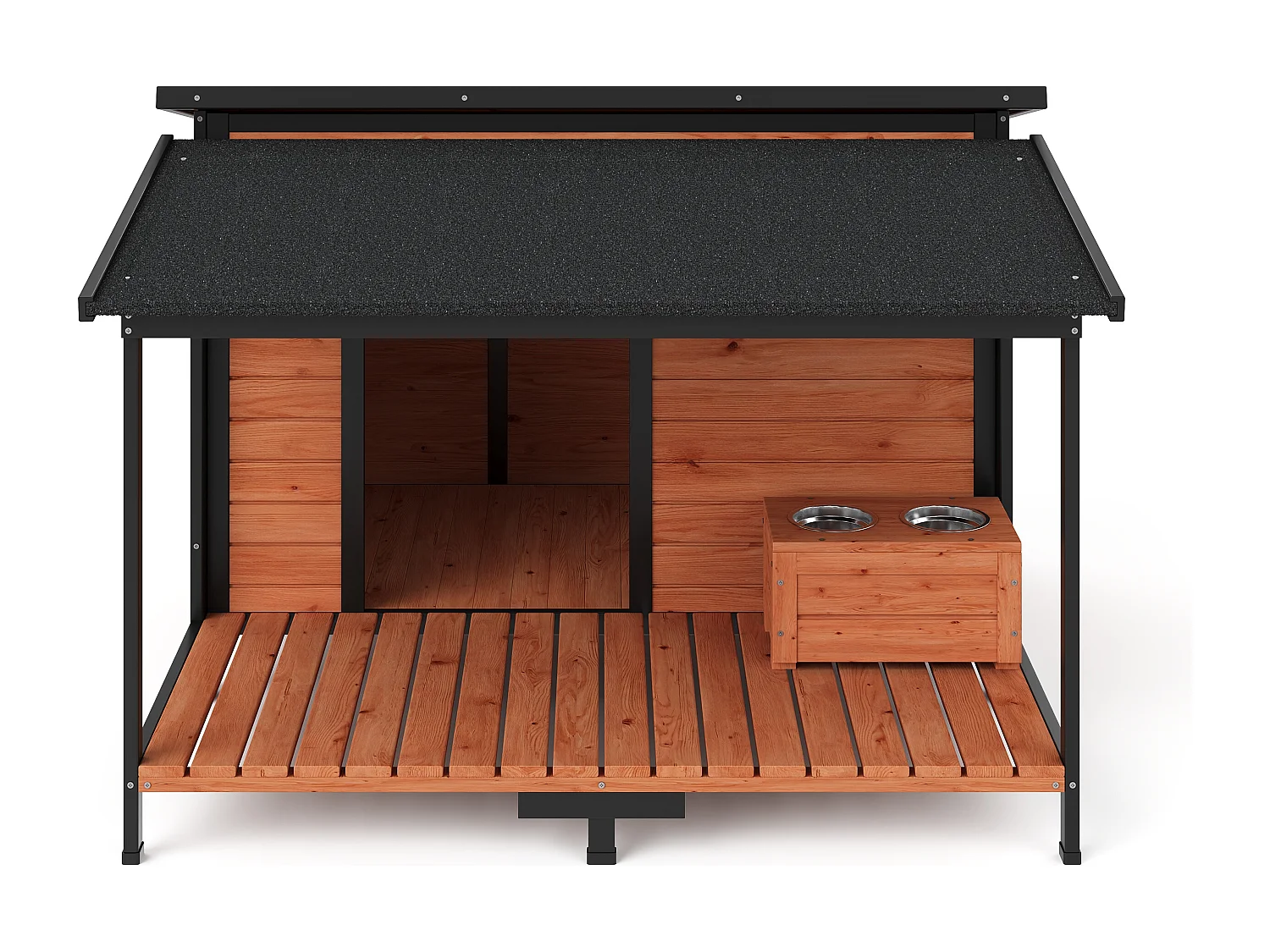 Niche pour chien avec terrasse et support gamelles - L. 136 x P. 138,1 x H.95,2 cm - Taille L/XL - Naturel et noir - MORIKA