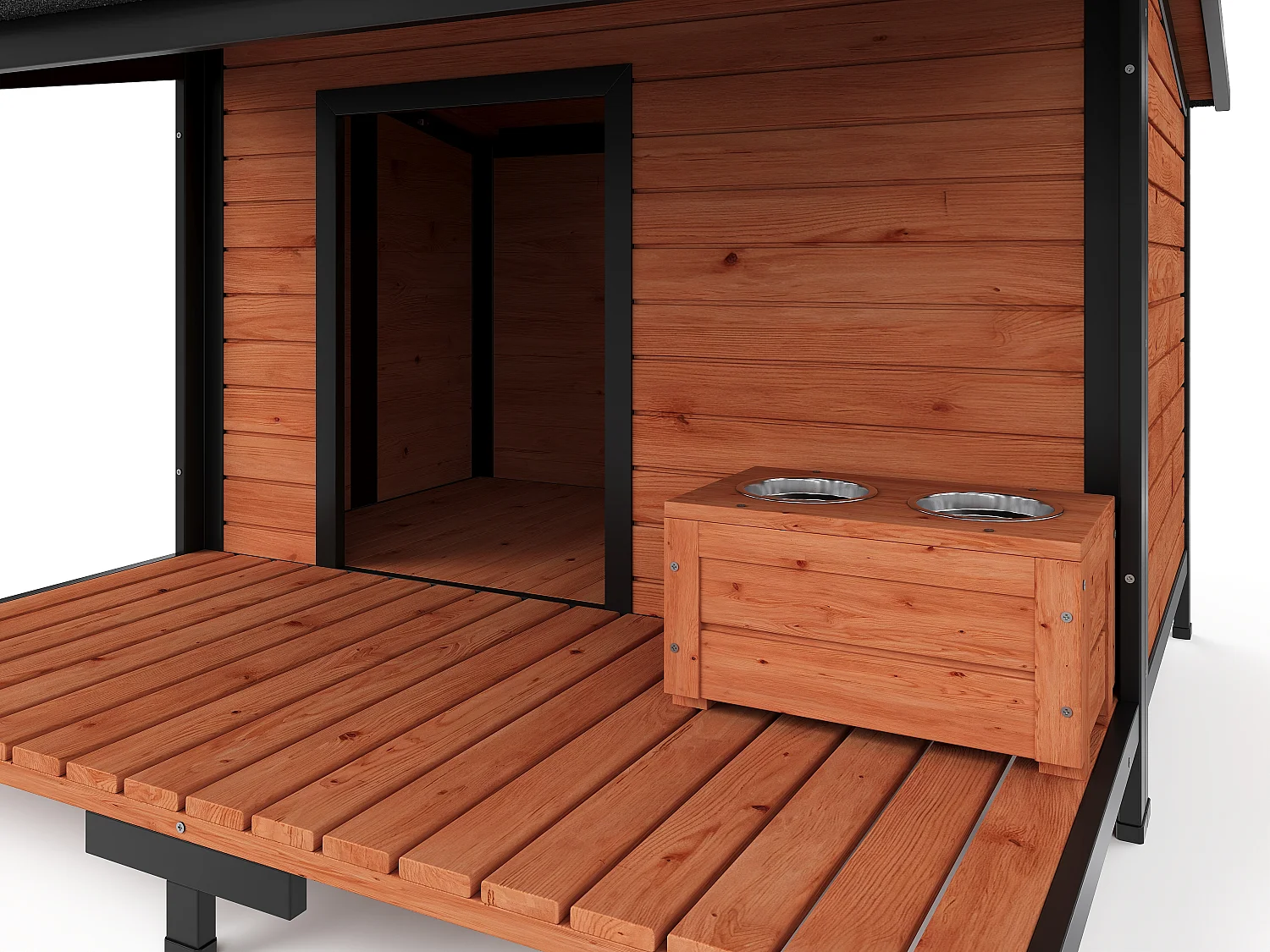 Niche pour chien avec terrasse et support gamelles - L. 136 x P. 138,1 x H.95,2 cm - Taille L/XL - Naturel et noir - MORIKA