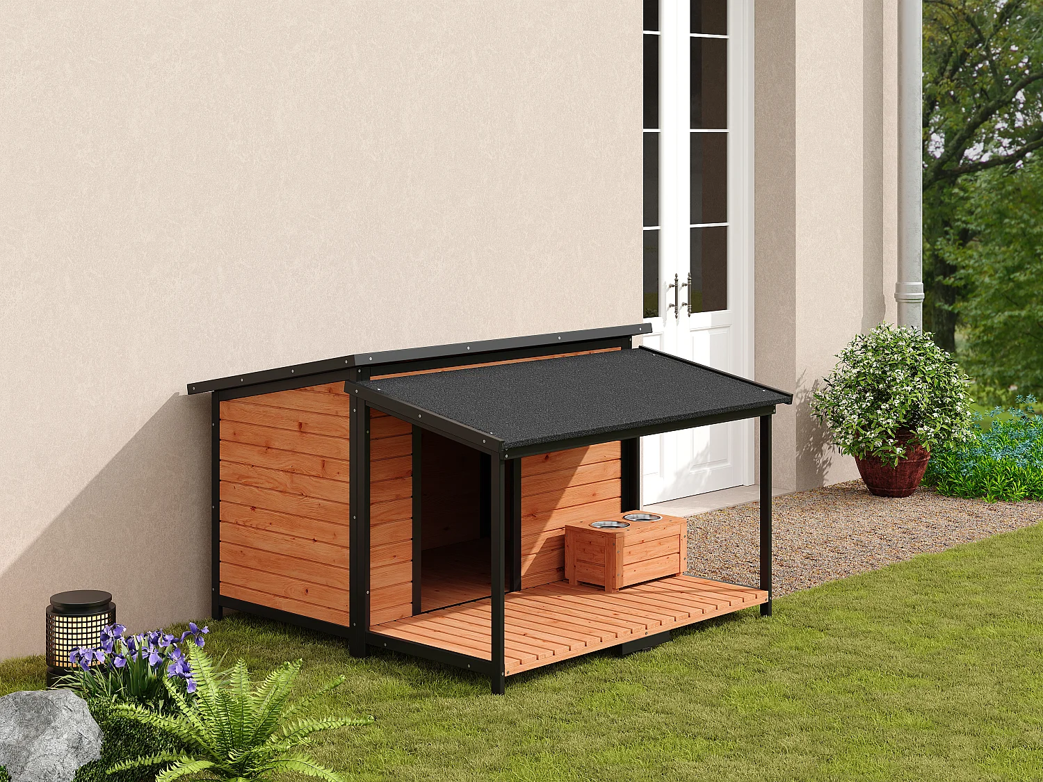 Niche pour chien avec terrasse et support gamelles - L. 136 x P. 138,1 x H.95,2 cm - Taille L/XL - Naturel et noir - MORIKA