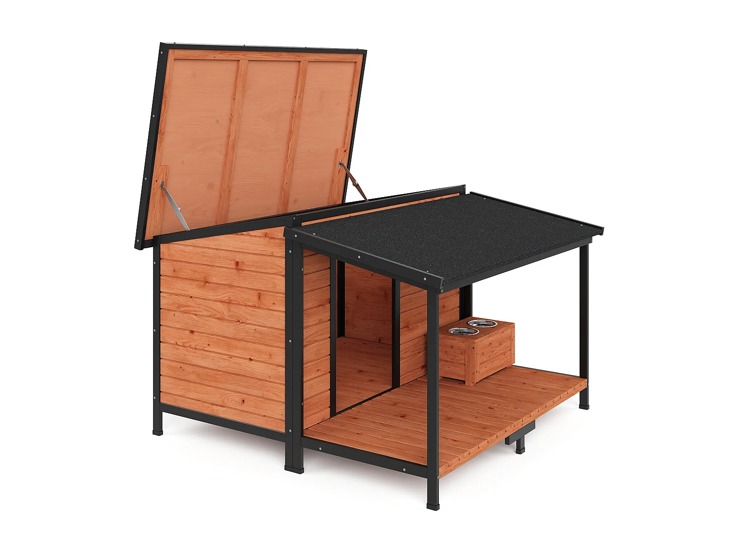 Niche pour chien avec terrasse et support gamelles - L. 136 x P. 138,1 x H.95,2 cm - Taille L/XL - Naturel et noir - MORIKA